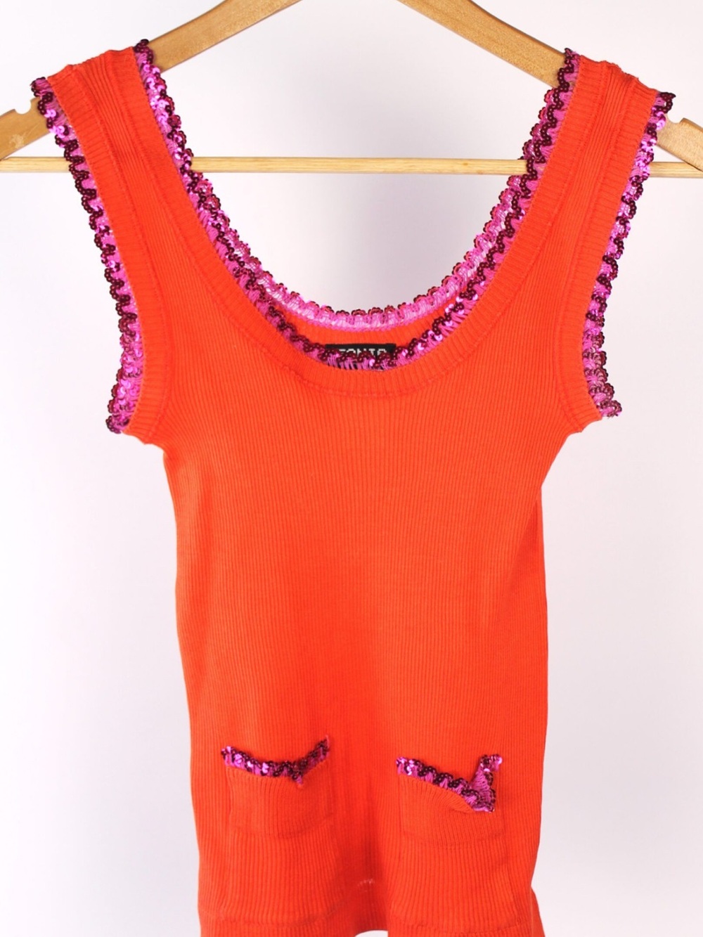 Sonia Rykiel Paris Orange Tank Top with Pink Sequin Trim